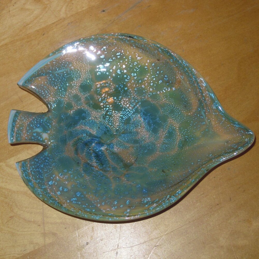Vtg MCM Murano Turquoise Silver Aventurine Flecks Cased Art Glass Fish Bowl Dish